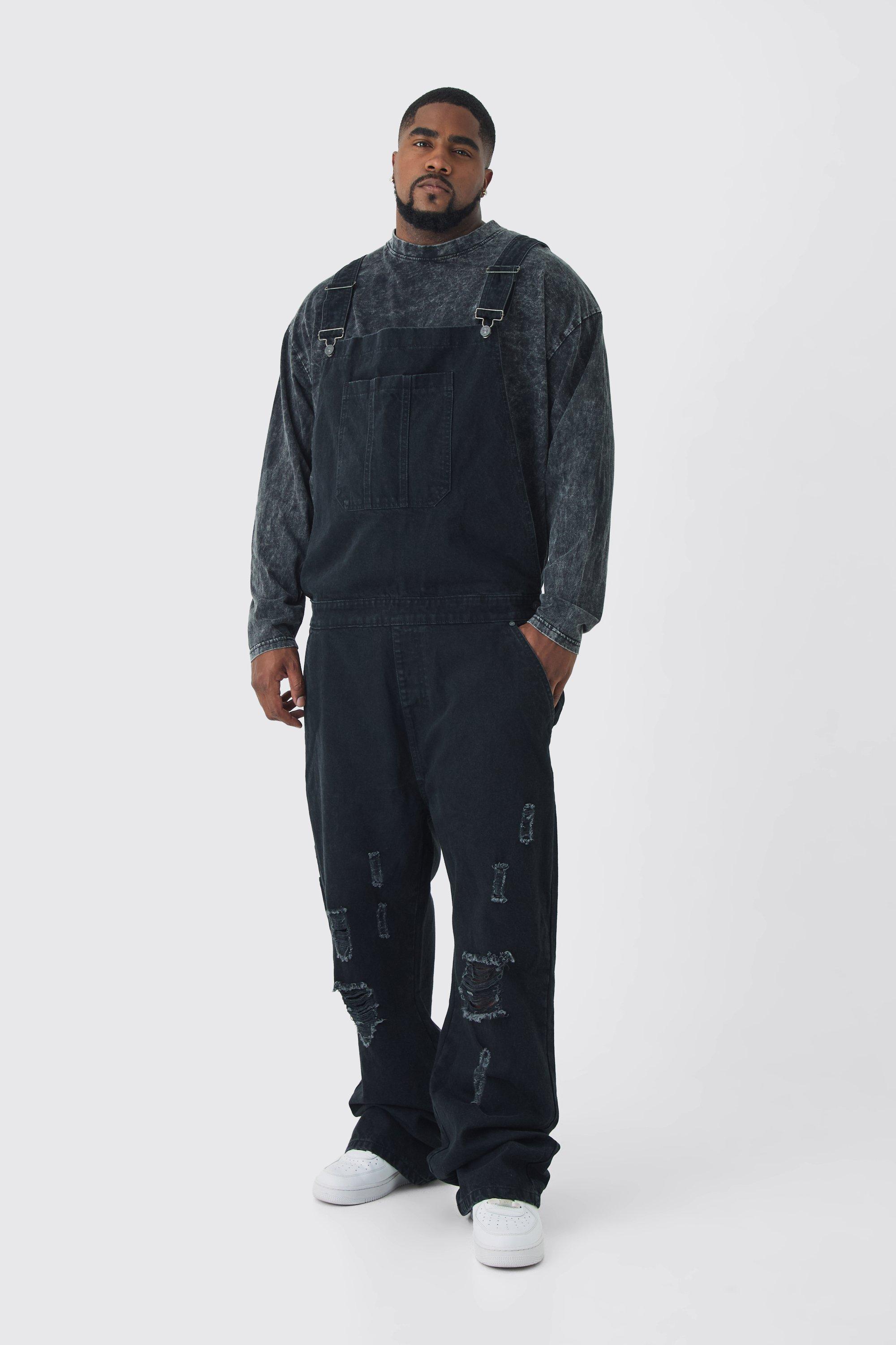 Mens Black Plus Straight Leg Distressed Dungaree, Black